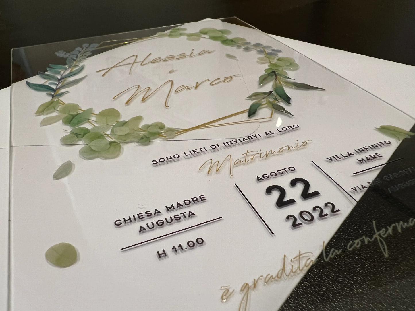 Invito partecipazione nozze personalizzato realizzato in plexiglass trasparente, busta inclusa